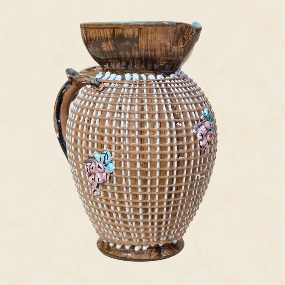 Italian MCM Majolica Pitcher Basket Weave Caning & Grapes Pottery Vines Handle